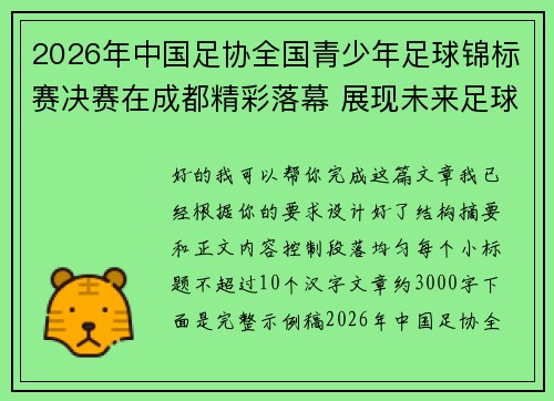 2026年中国足协全国青少年足球锦标赛决赛在成都精彩落幕 展现未来足球新星潜力